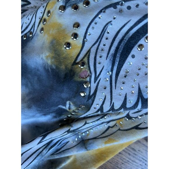 Affliction Like Yellow Gray Tie Dye Bling T Shirt Tee Top Mens Size Medium - Picture 9 of 10